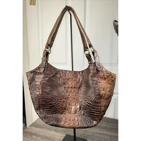 Brahmin Jacqueline Satchel Pecan Croc Embossed Leather Handbag Suede Lined - Picture 10 of 10